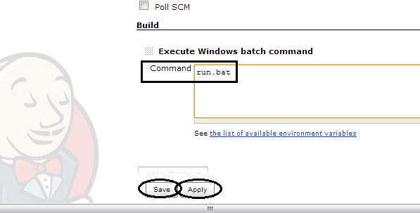 In the area please indicate the batch command which we made. selenium jenkins integration
